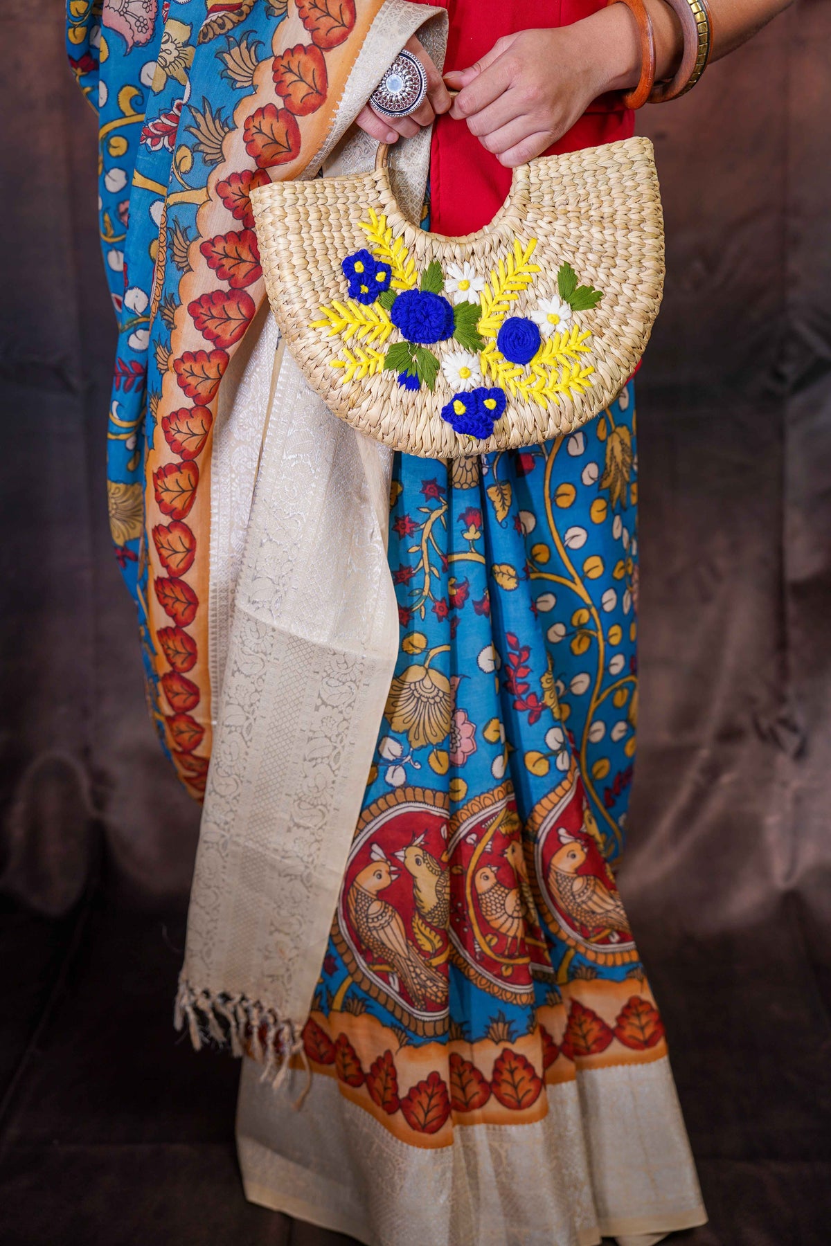 Vrindāvani — Handpainted Kalamkari Bangalore Silk Saree