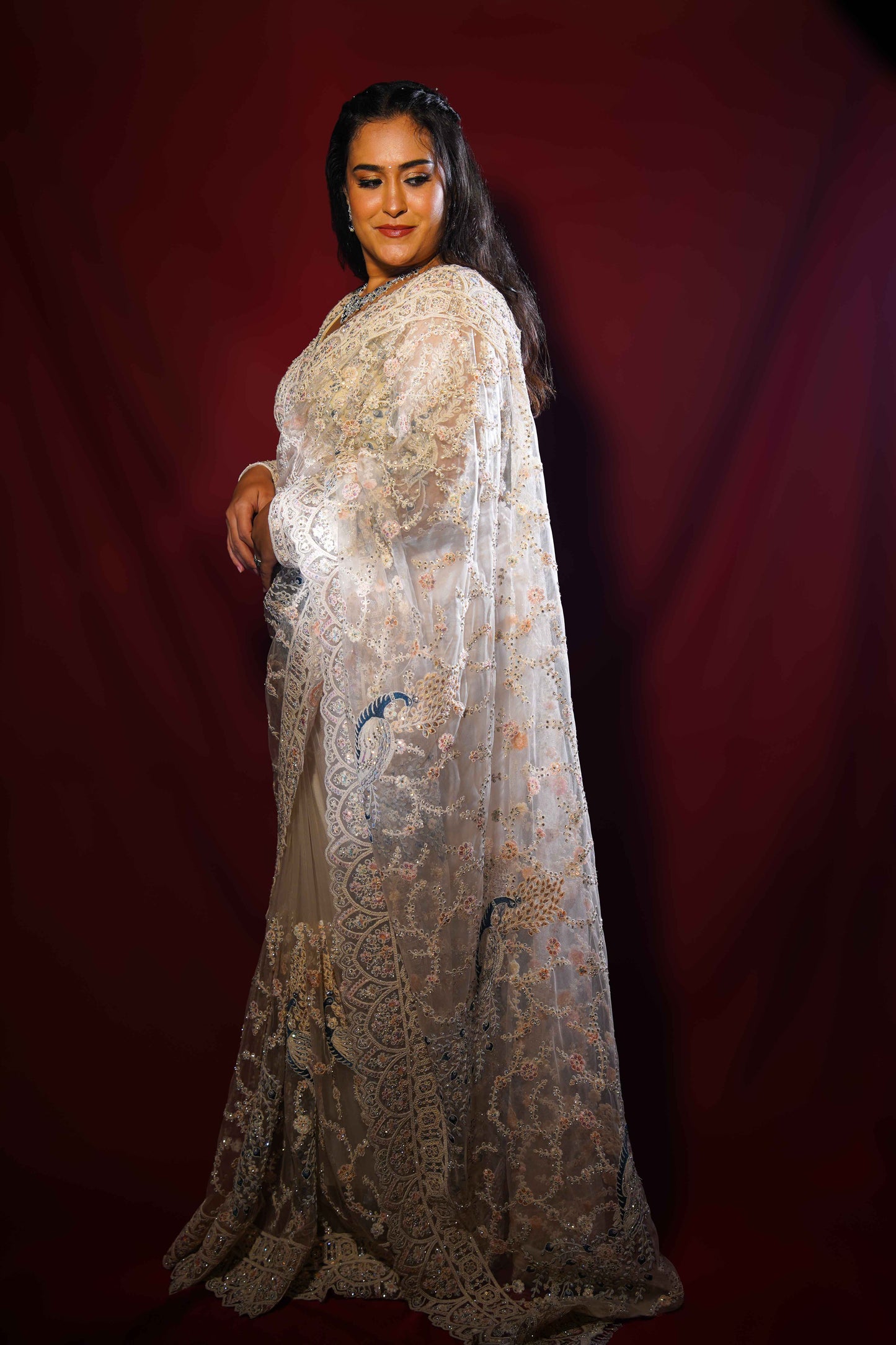 Pearl Mist — Ivory Embellished Net Saree