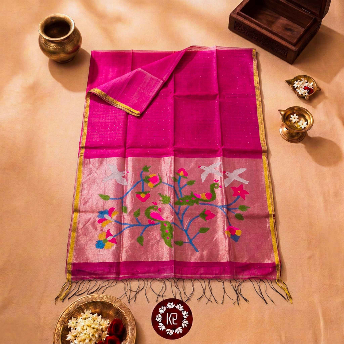Kokilamayi — Pure Pink Jamdani Saree with Woven Peacock Motifs