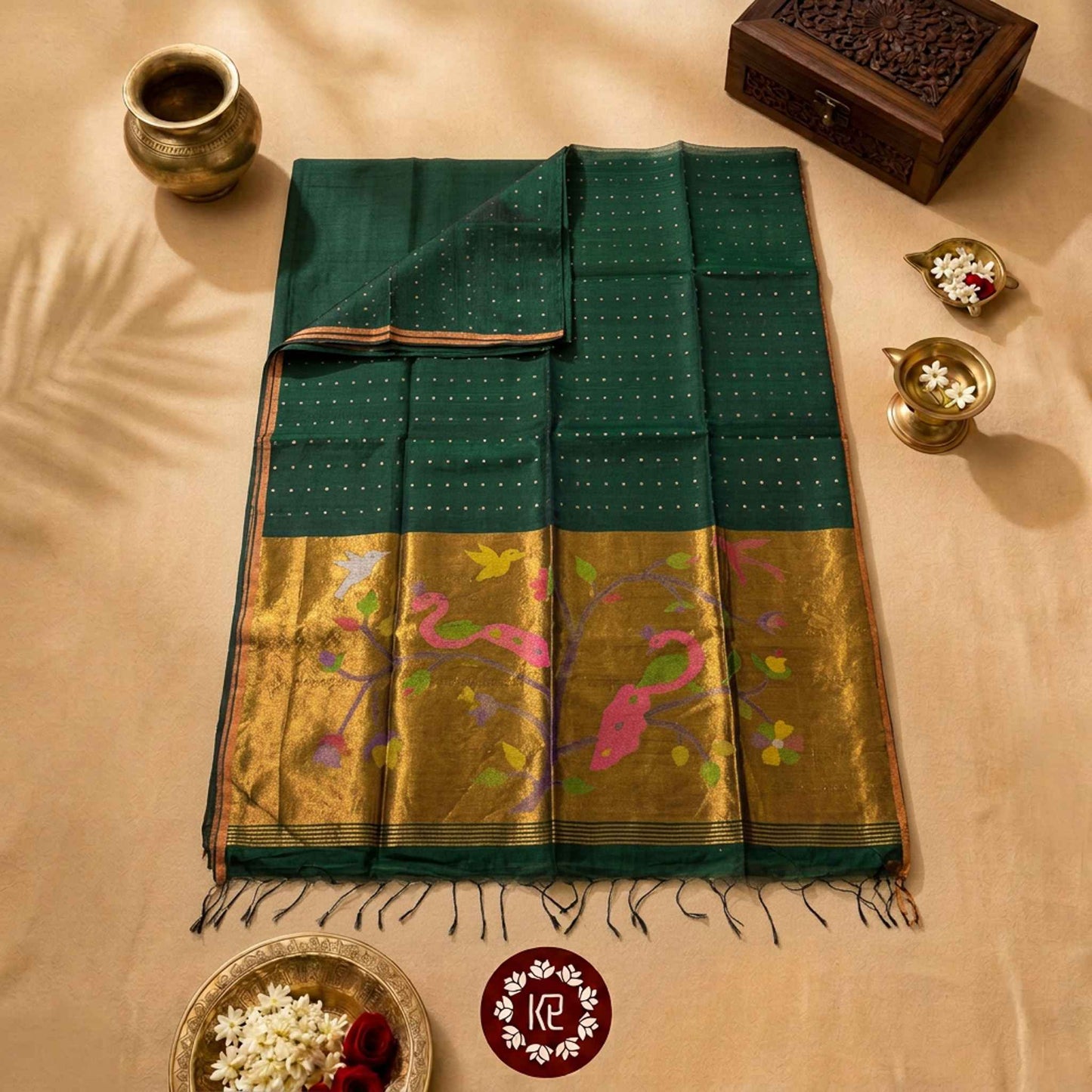Harinapakshi — Pure Green Muslin Jamdani Saree