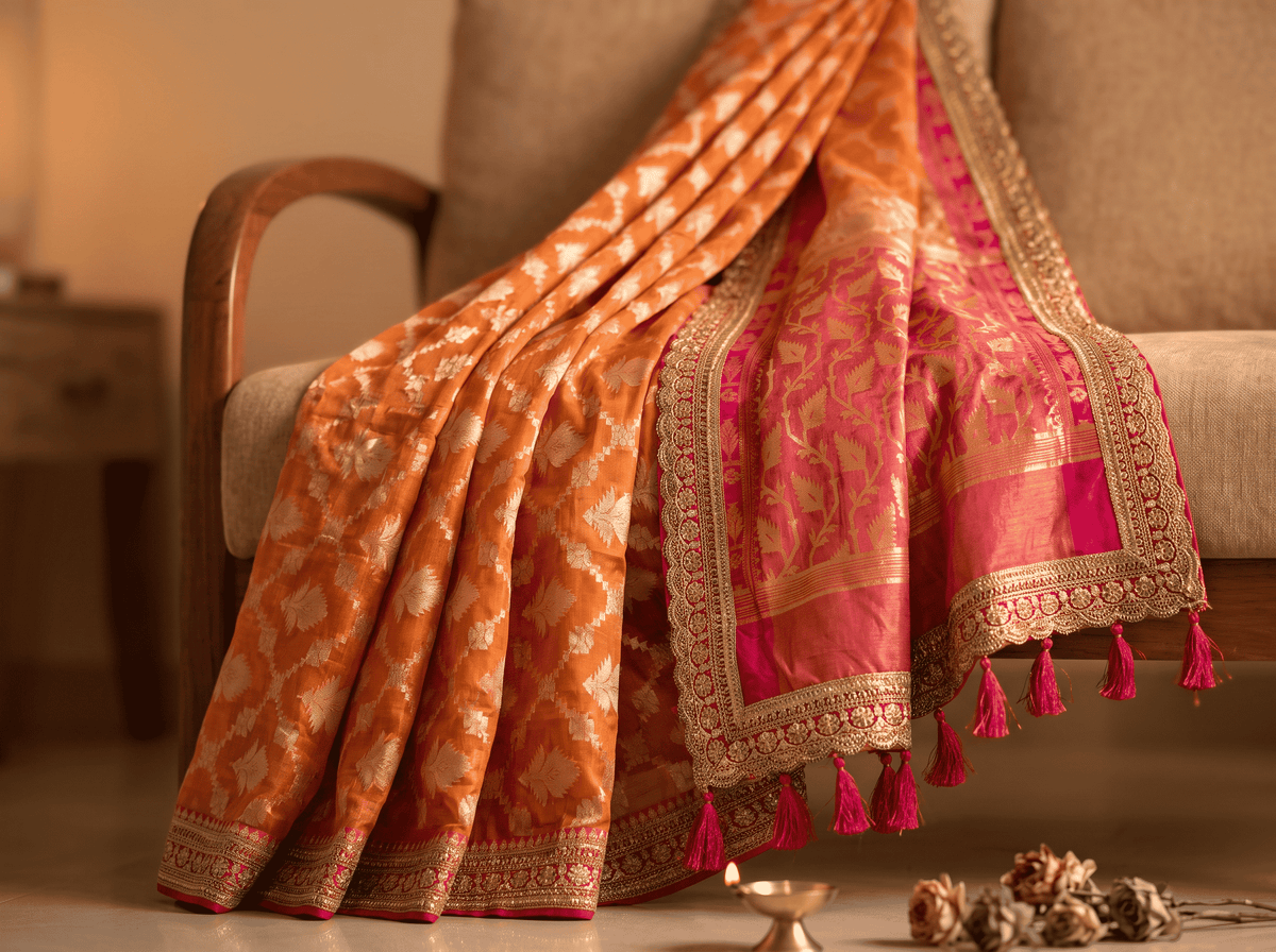 Suryamukhi — Bamboo Kora Saree in Mustard-Yellow to Pink with Scallop Lace Border