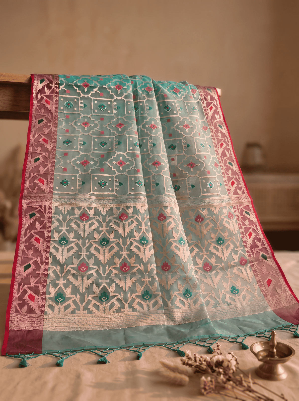 Vanshika — Bamboo Kora Saree in Mint with Geometric Jaal Weave