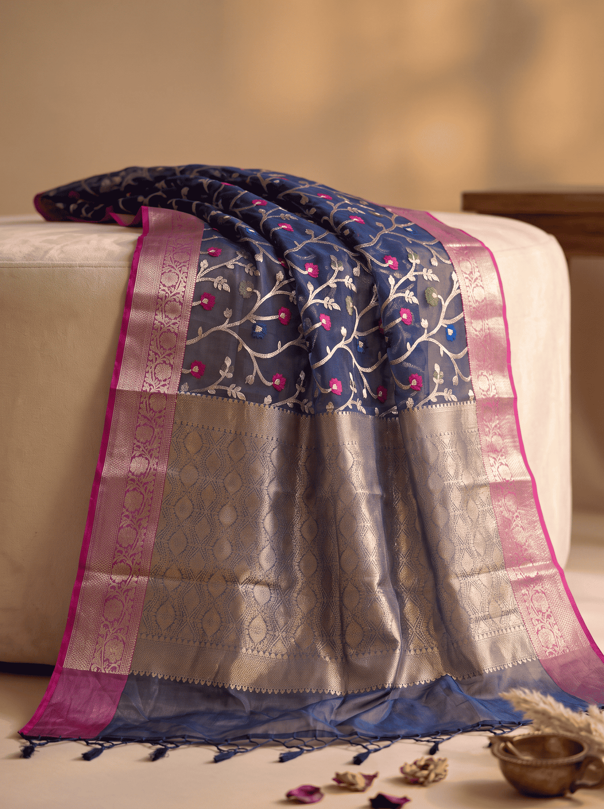 Nishpatra — Bamboo Kora Saree in Navy Blue with Floral Vine