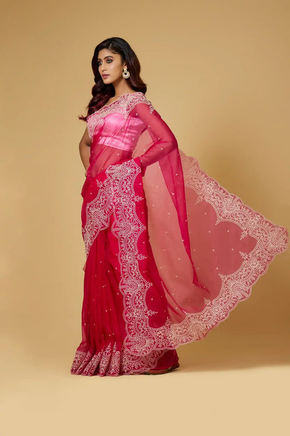 Scarlet Whisper — Embroidered Organza Saree