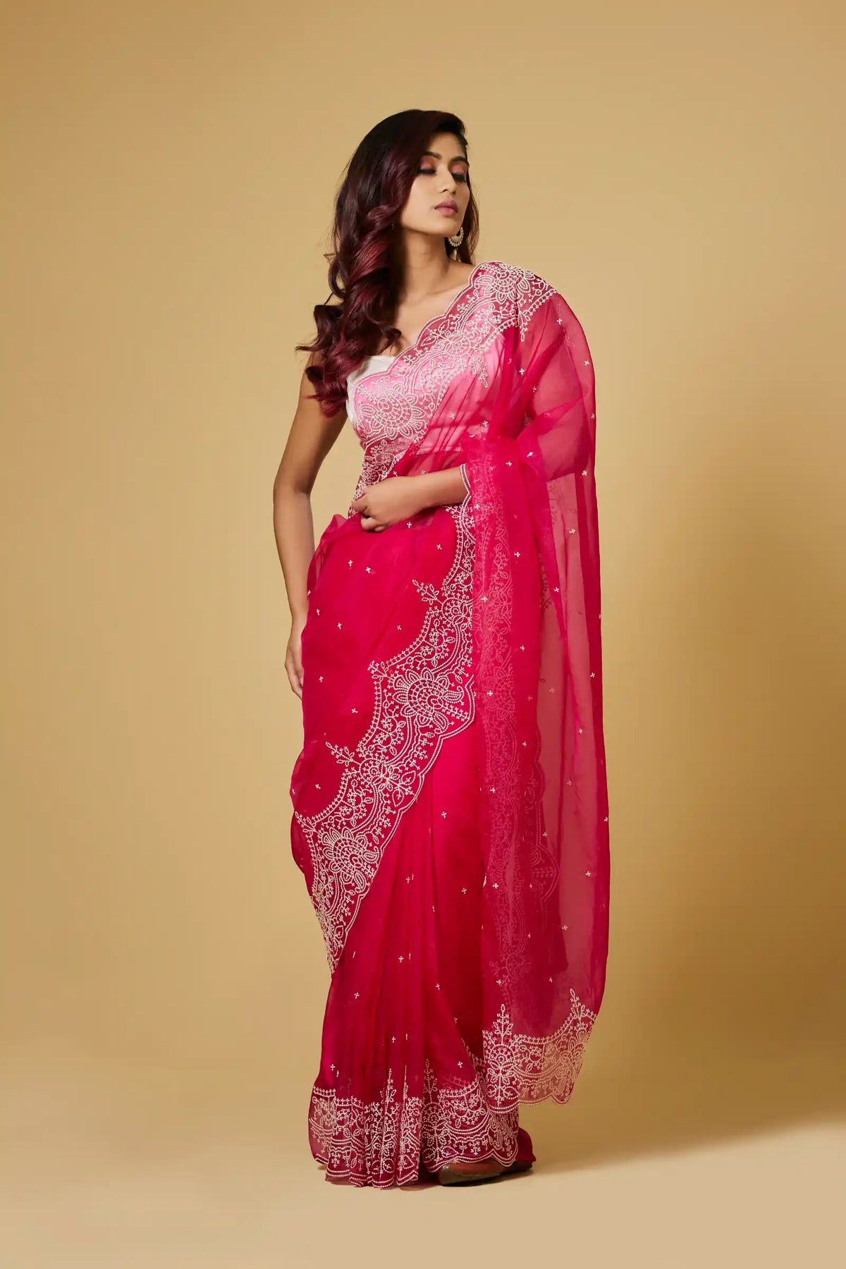 Scarlet Whisper — Embroidered Organza Saree