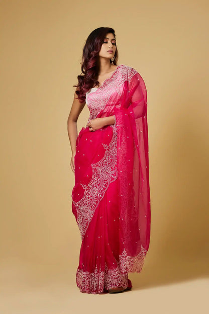 Scarlet Whisper — Embroidered Organza Saree