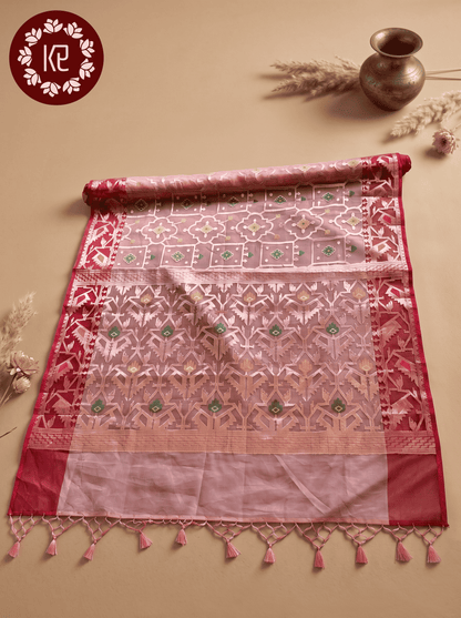 Rosanjali — Bamboo Kora Saree in Rose-Gold with Geometric Jaal Weave