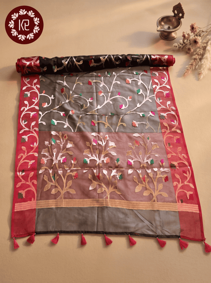 Kaalratri — Bamboo Kora Banarasi Saree in Black with Floral Vine Weave