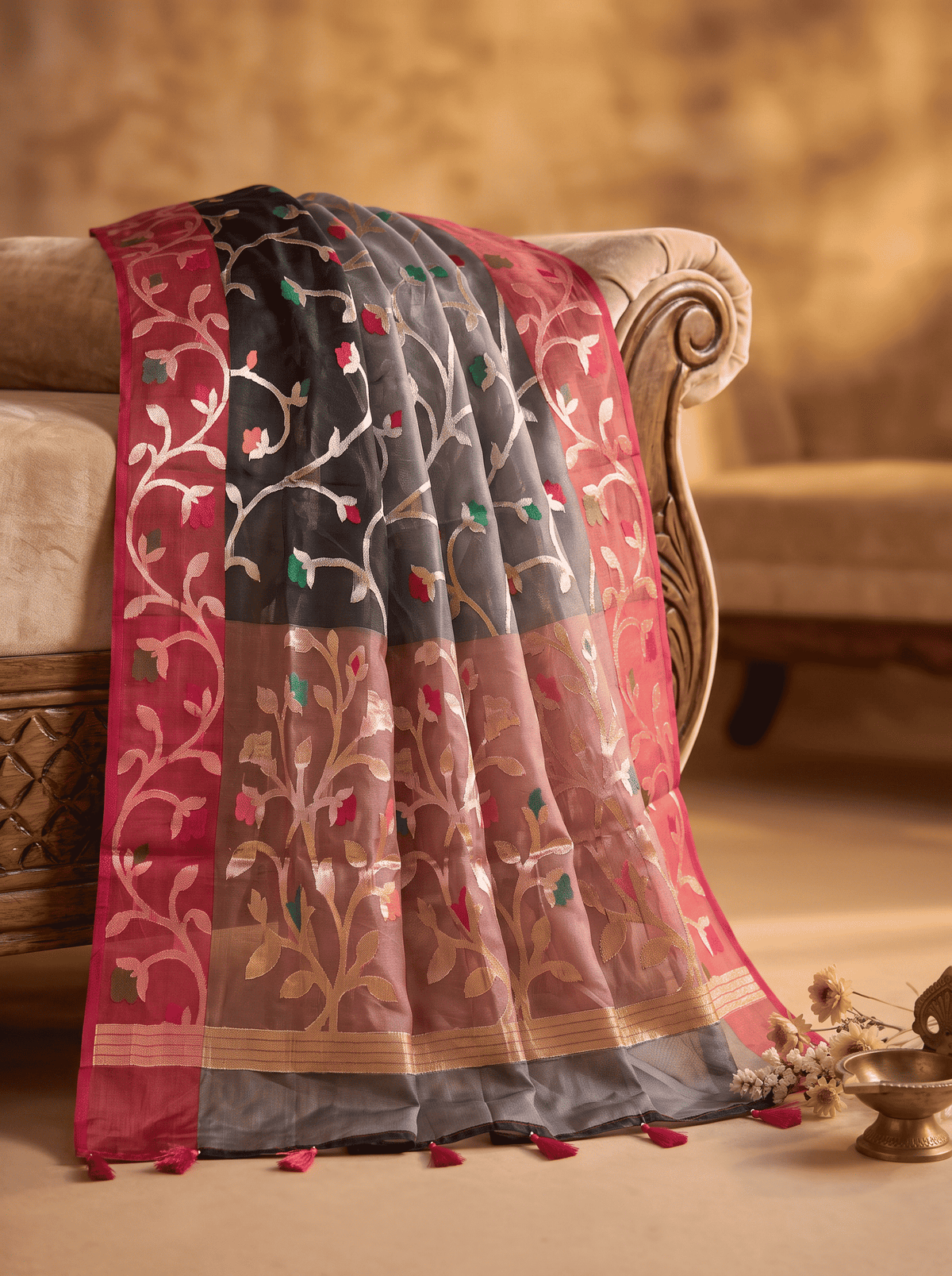 Kaalratri — Bamboo Kora Banarasi Saree in Black with Floral Vine Weave