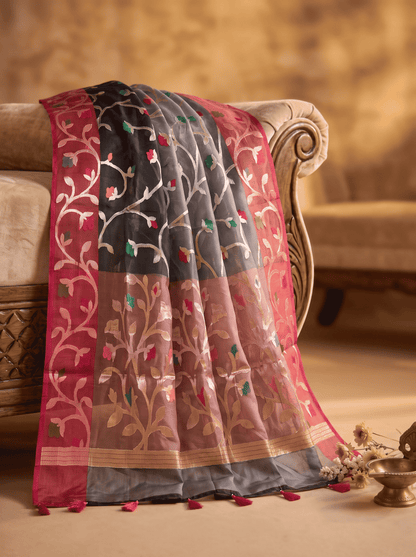 Kaalratri — Bamboo Kora Banarasi Saree in Black with Floral Vine Weave