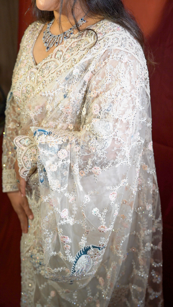 Pearl Mist — Ivory Embellished Net Saree