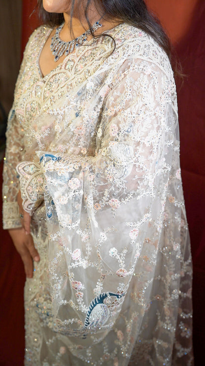 Pearl Mist — Ivory Embellished Net Saree