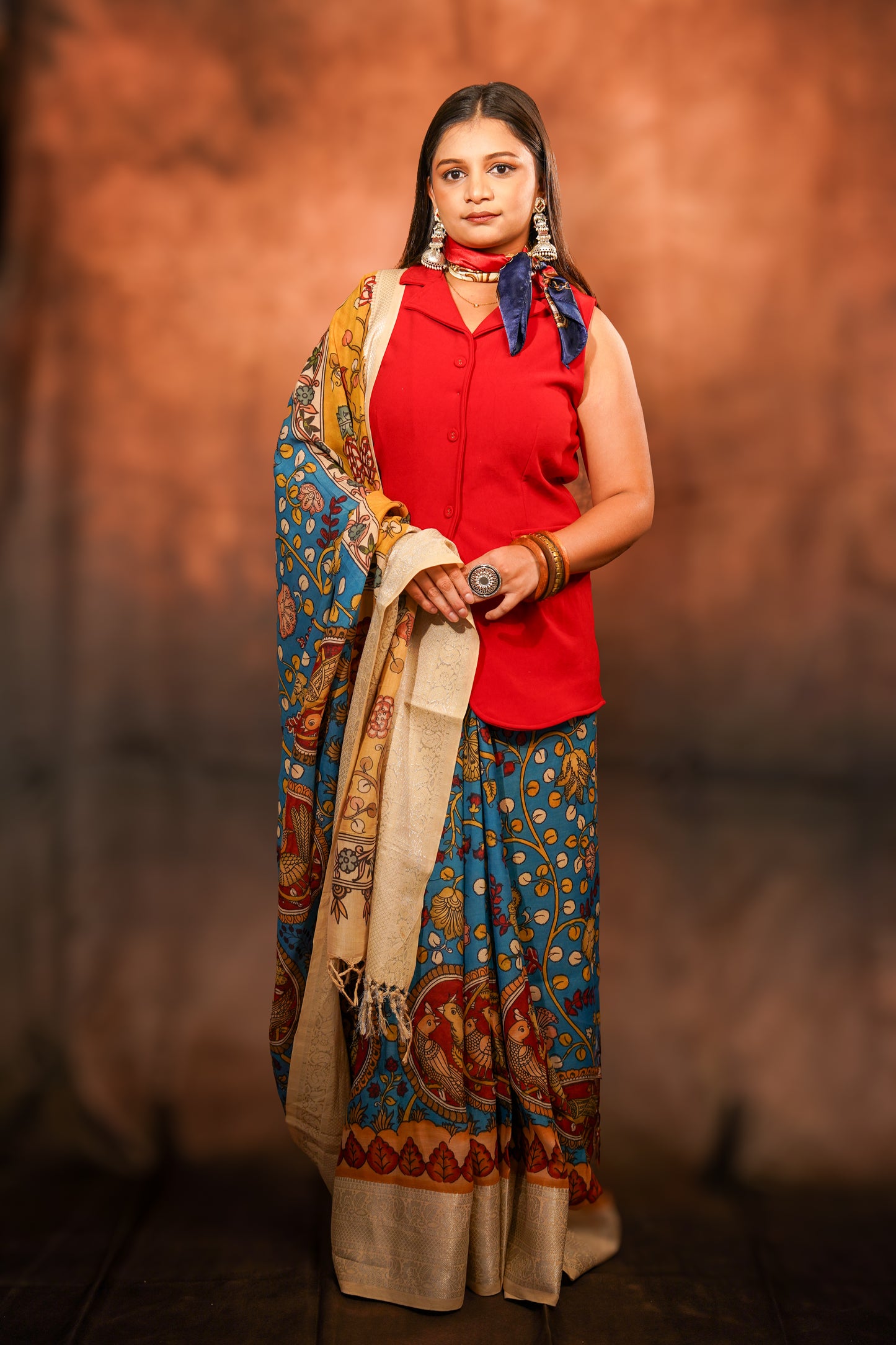 Vrindāvani — Handpainted Kalamkari Bangalore Silk Saree