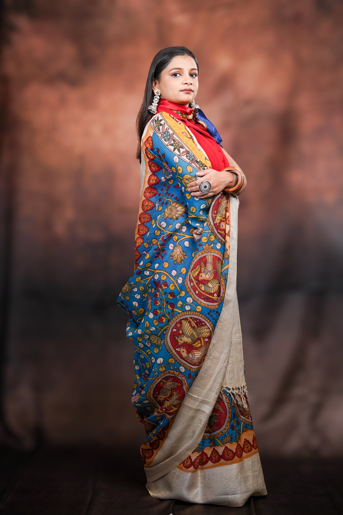 Vrindāvani — Handpainted Kalamkari Bangalore Silk Saree