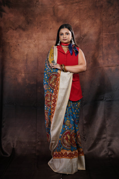 Vrindāvani — Handpainted Kalamkari Bangalore Silk Saree