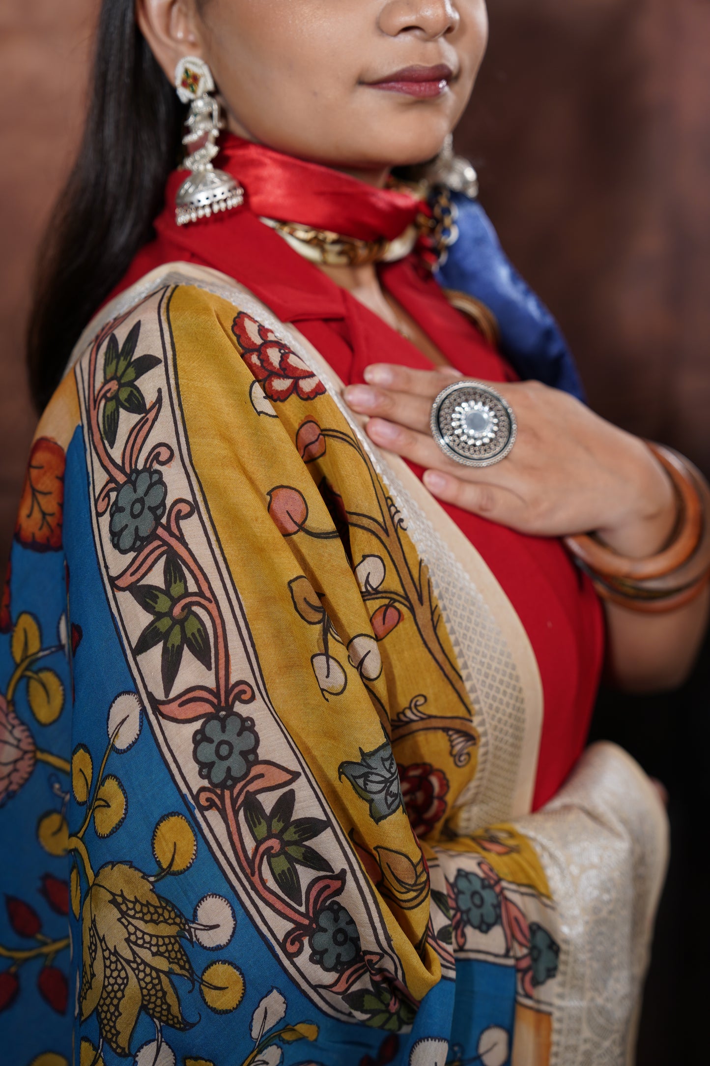 Vrindāvani — Handpainted Kalamkari Bangalore Silk Saree
