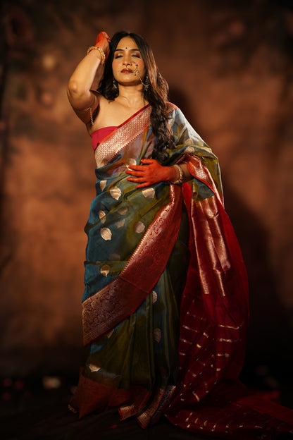 Vanahilā — Green Chanderi Silk Saree with Red Border