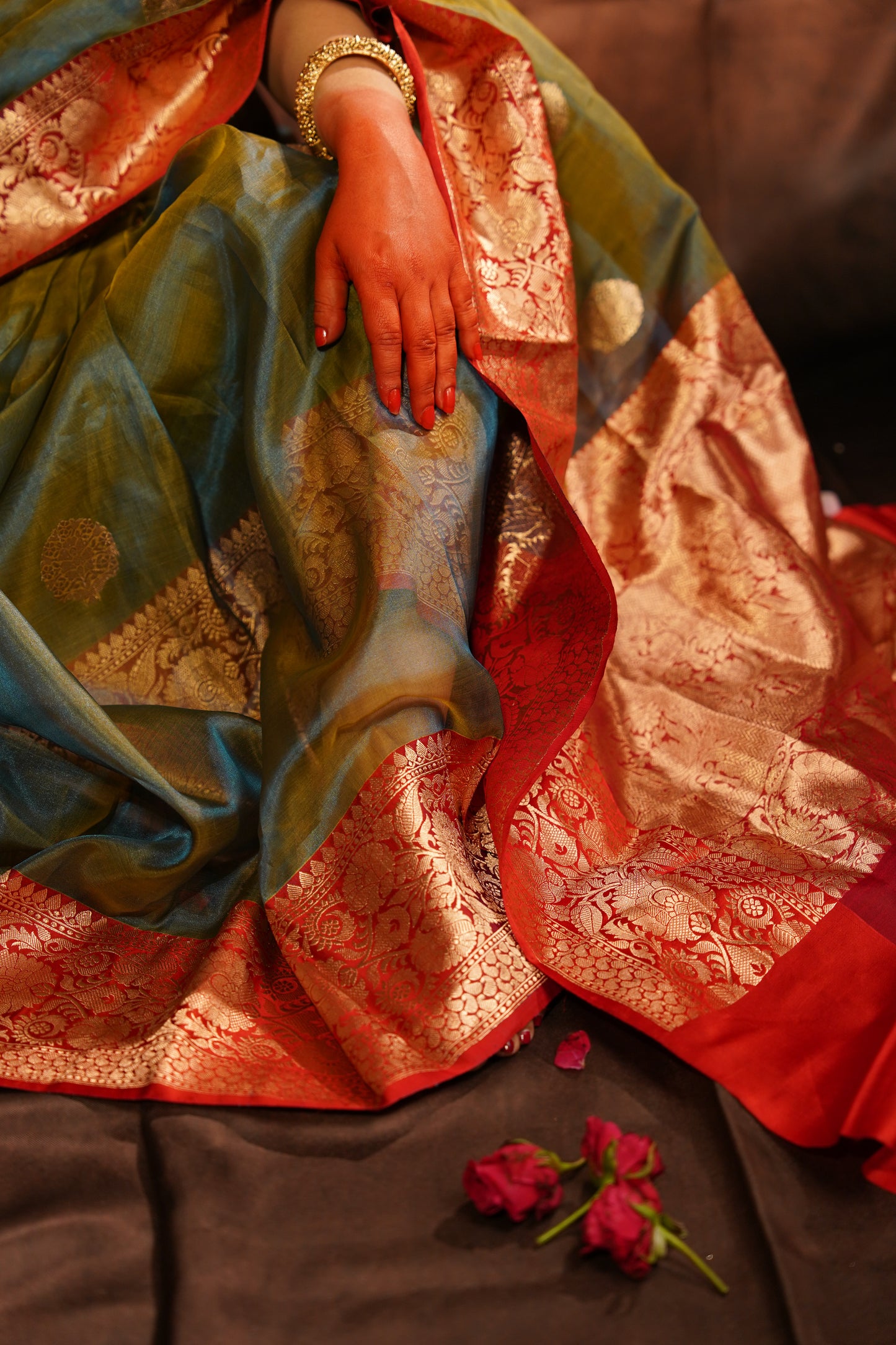Vanahilā — Green Chanderi Silk Saree with Red Border