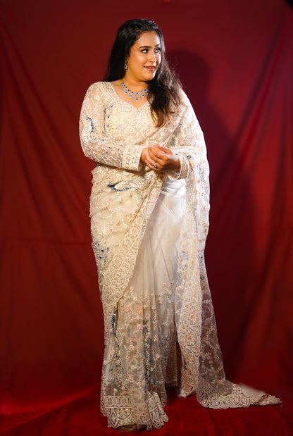 Pearl Mist — Ivory Embellished Net Saree