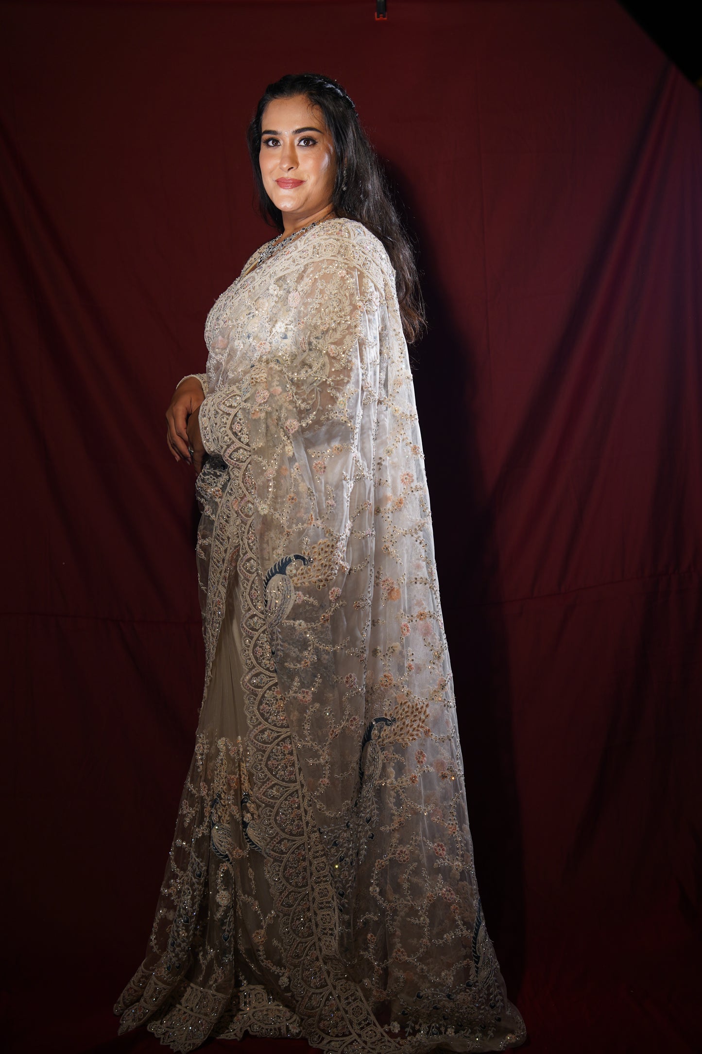 Pearl Mist — Ivory Embellished Net Saree