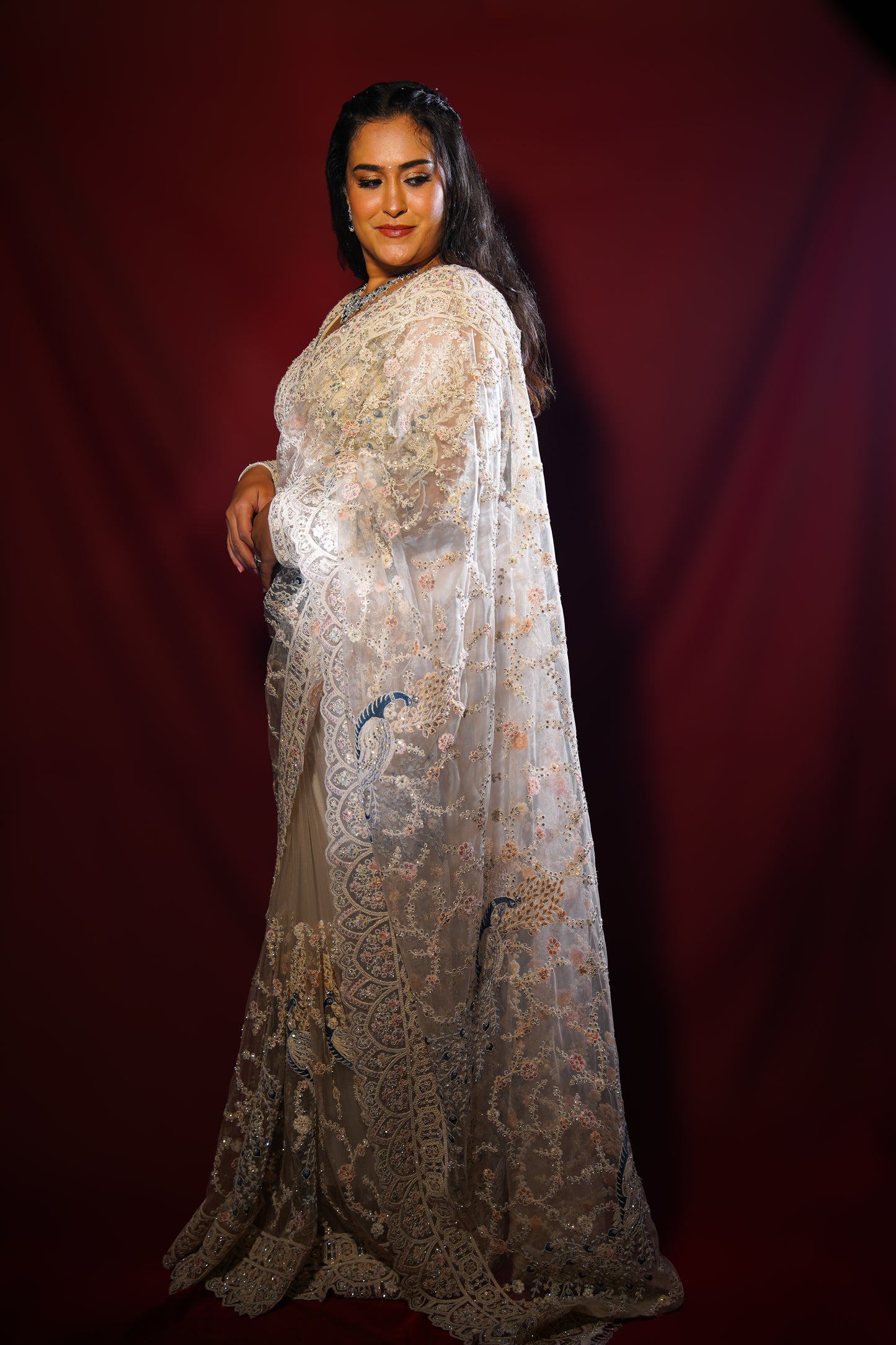 Pearl Mist — Ivory Embellished Net Saree