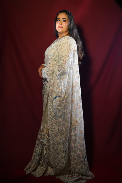 Pearl Mist — Ivory Embellished Net Saree