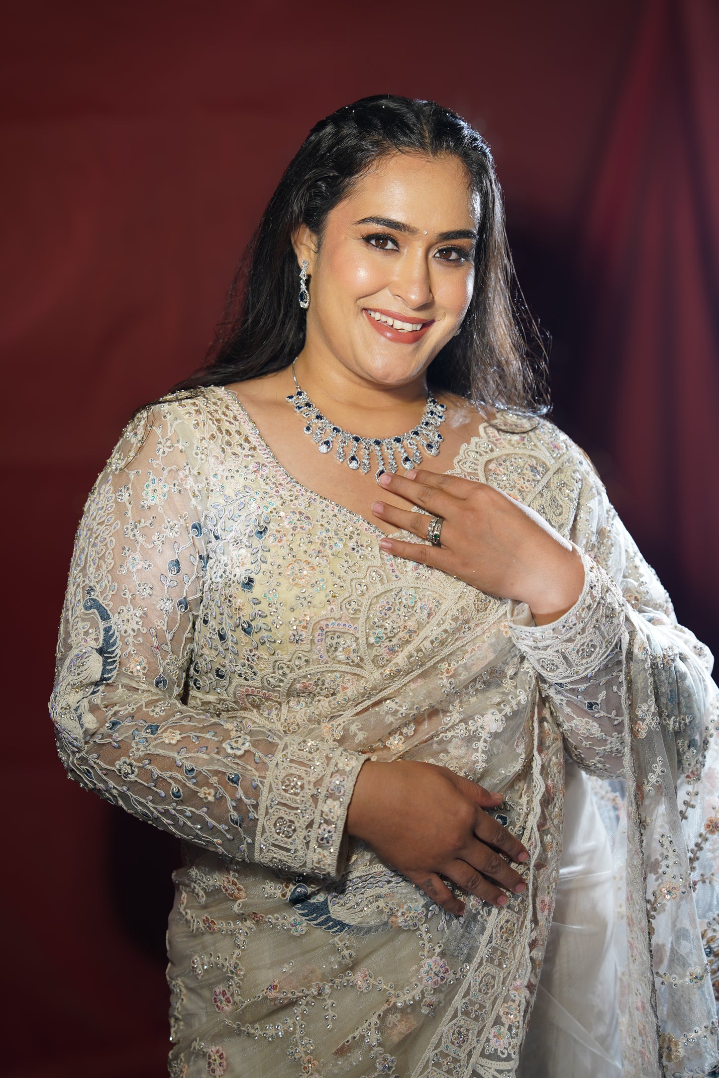 Pearl Mist — Ivory Embellished Net Saree