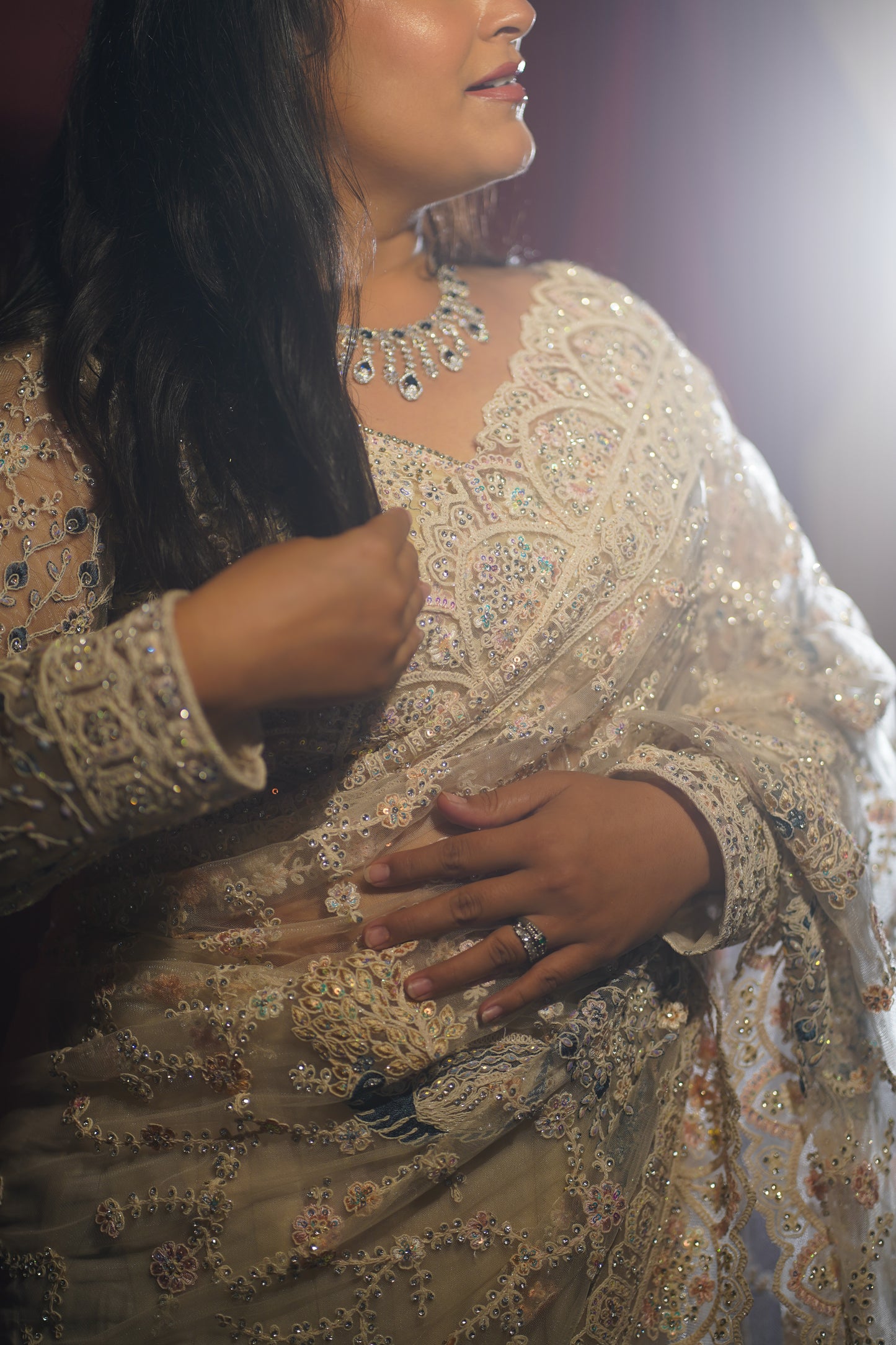 Pearl Mist — Ivory Embellished Net Saree