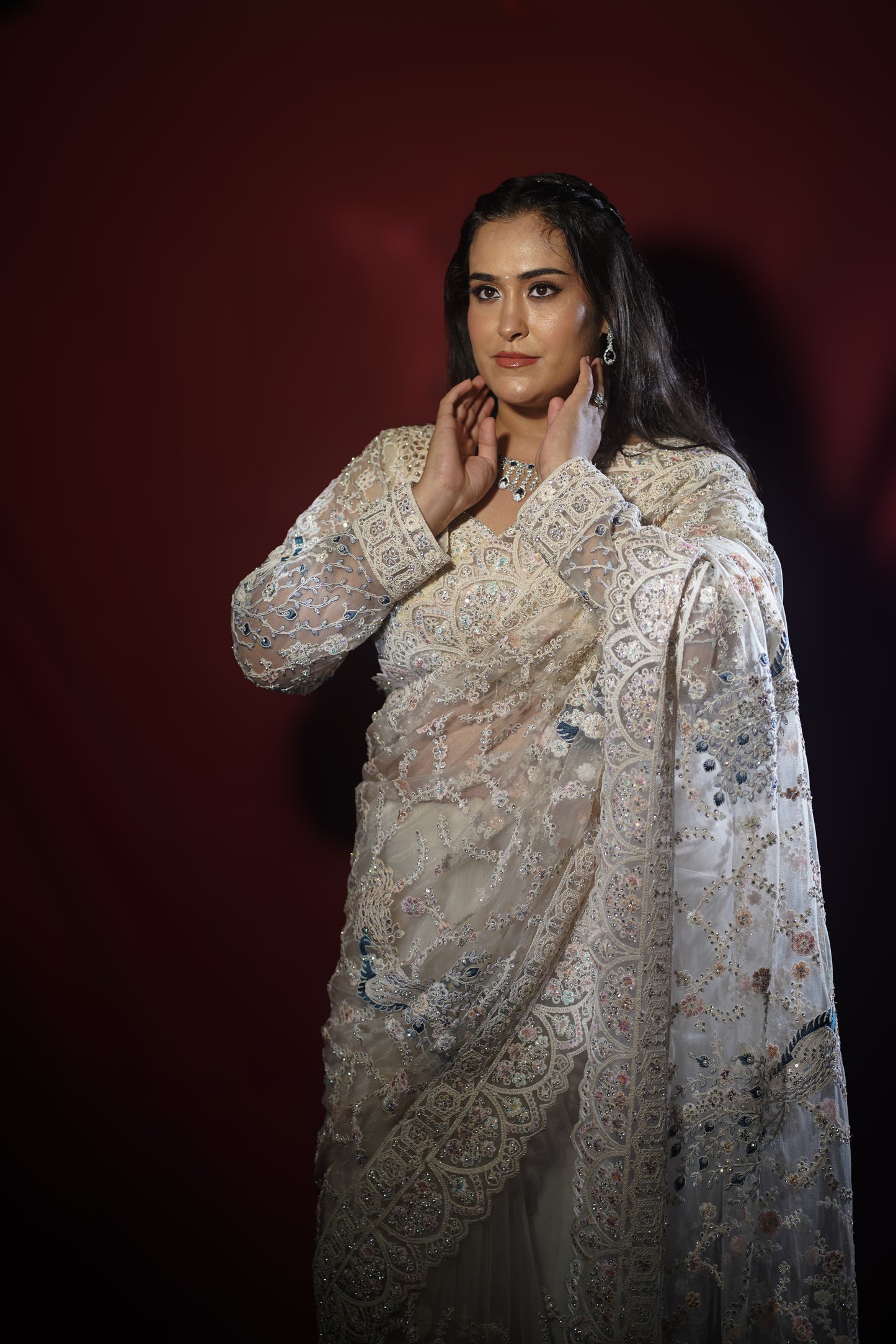 Pearl Mist — Ivory Embellished Net Saree