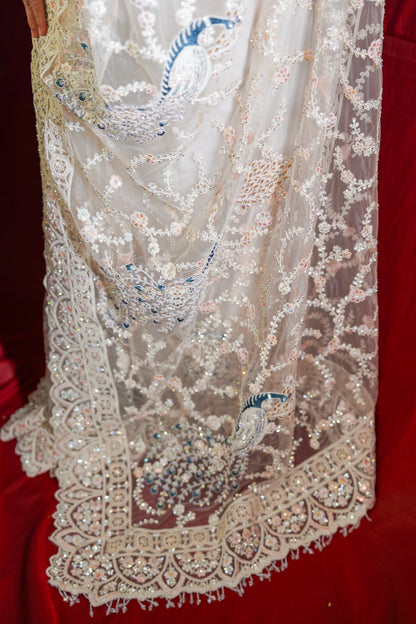 Pearl Mist — Ivory Embellished Net Saree