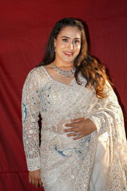 Pearl Mist — Ivory Embellished Net Saree