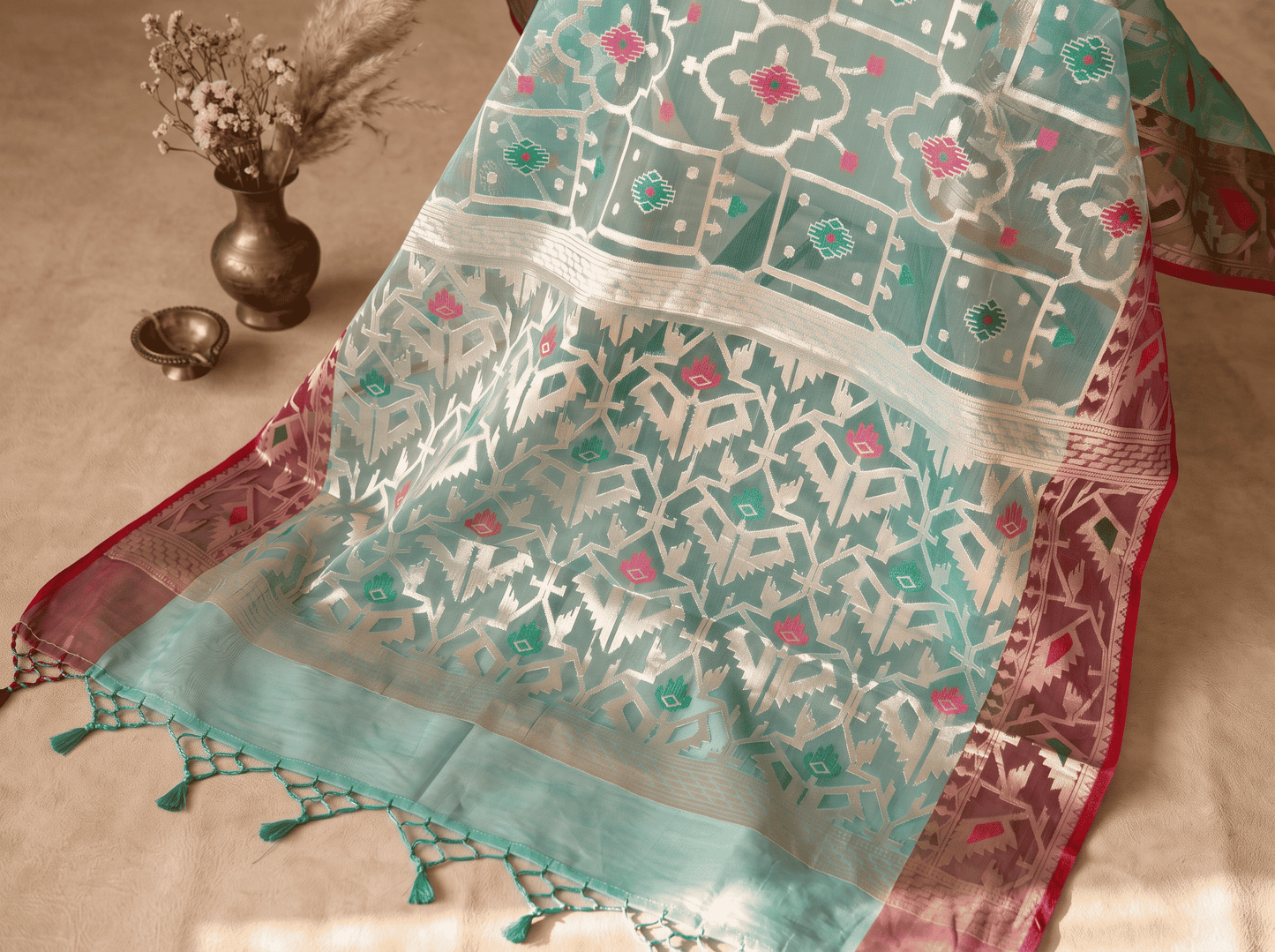 Vanshika — Bamboo Kora Saree in Mint with Geometric Jaal Weave