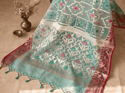 Vanshika — Bamboo Kora Saree in Mint with Geometric Jaal Weave