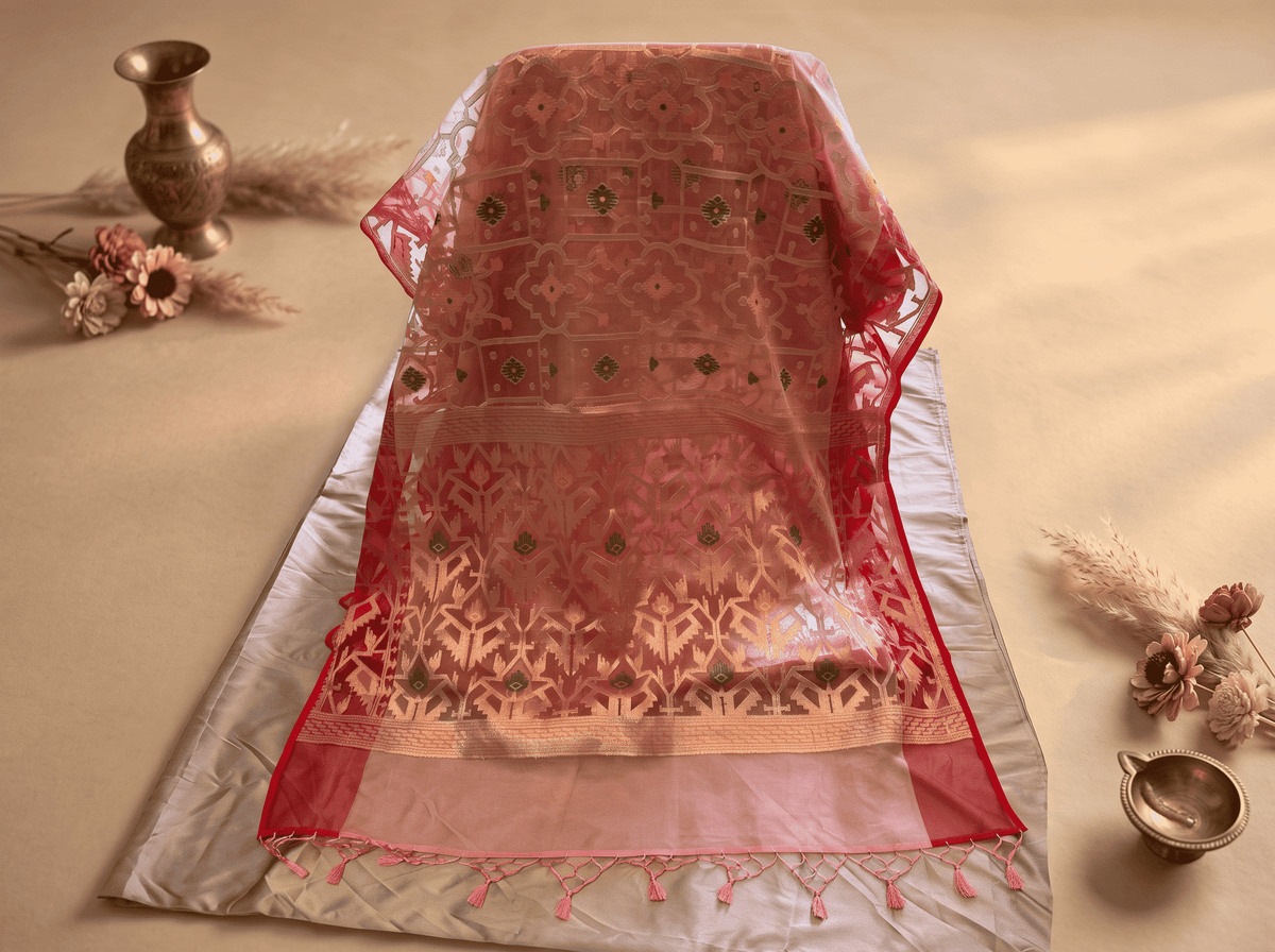 Rosanjali — Bamboo Kora Saree in Rose-Gold with Geometric Jaal Weave