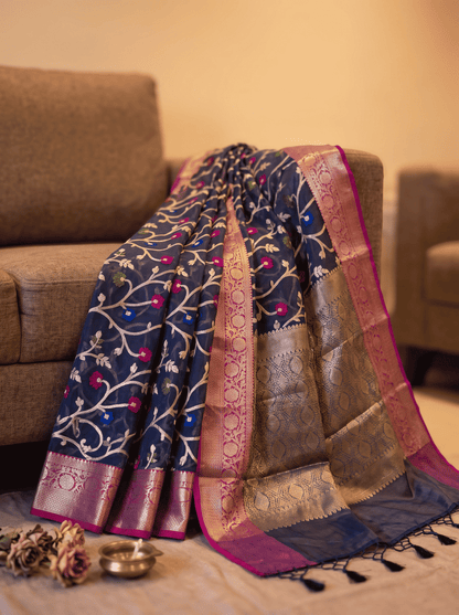 Nishpatra — Bamboo Kora Saree in Navy Blue with Floral Vine