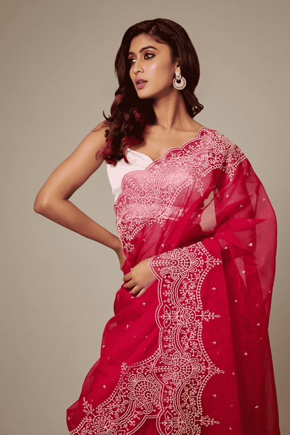 Scarlet Whisper — Embroidered Organza Saree