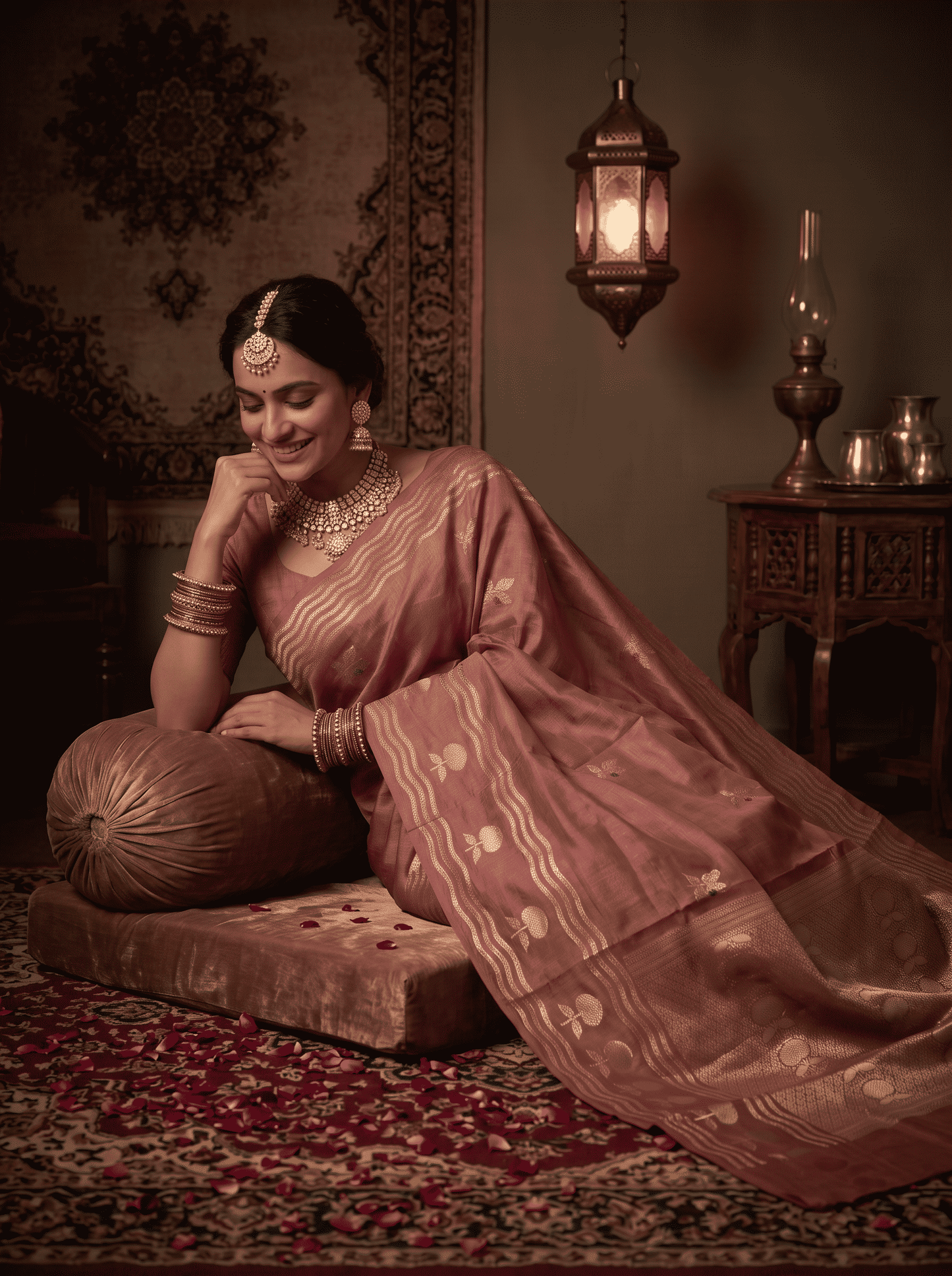 Kamakshi — Raw Mango Silk Saree in Dusty Mauve with Woven Floral Motifs
