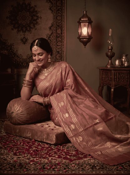 Kamakshi — Raw Mango Silk Saree in Dusty Mauve with Woven Floral Motifs