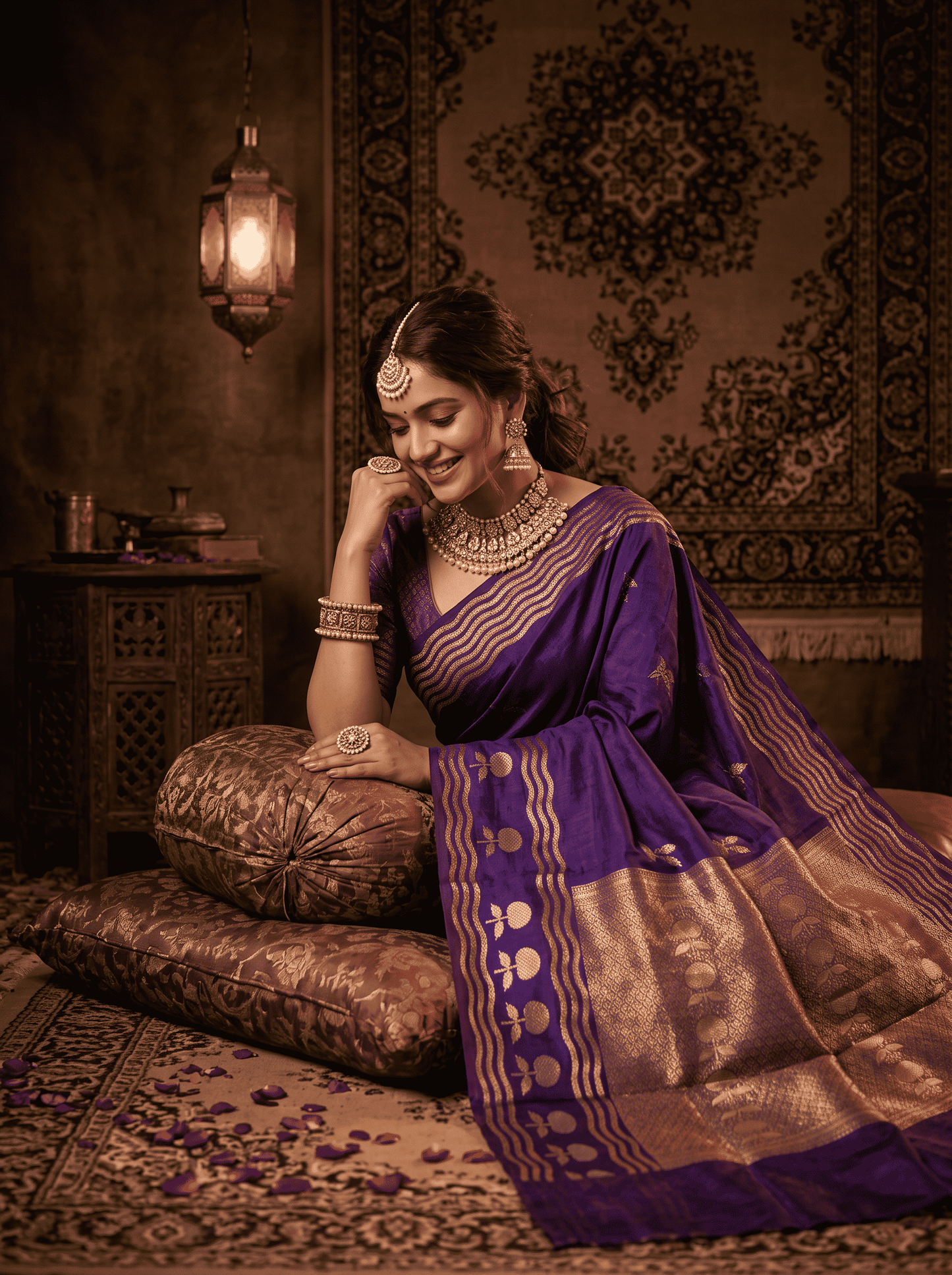 Vidyutprabha — Raw Mango Silk Saree in Deep Purple with Woven Floral Motifs