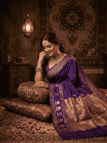 Vidyutprabha — Raw Mango Silk Saree in Deep Purple with Woven Floral Motifs