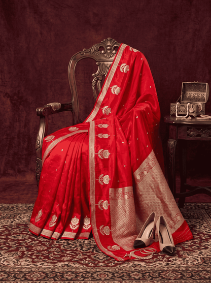 Aamrapali — Raw Mango Silk Saree in Bright Red with Zari Floral Border