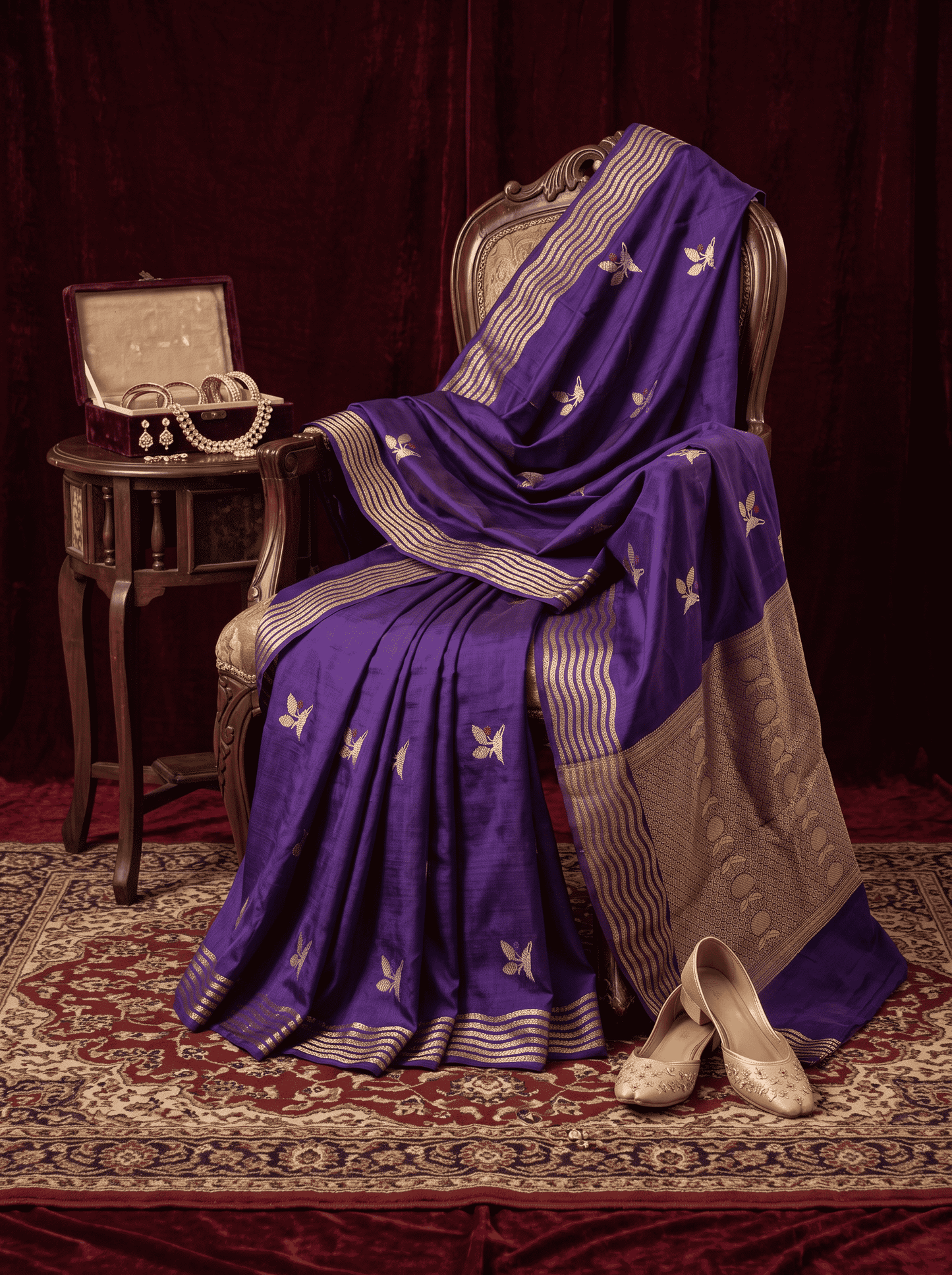 Vidyutprabha — Raw Mango Silk Saree in Deep Purple with Woven Floral Motifs