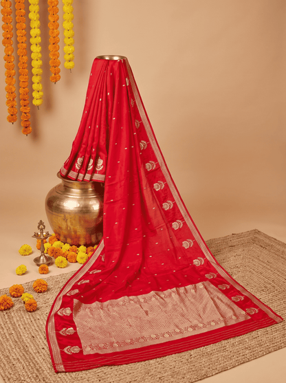 Aamrapali — Raw Mango Silk Saree in Bright Red with Zari Floral Border