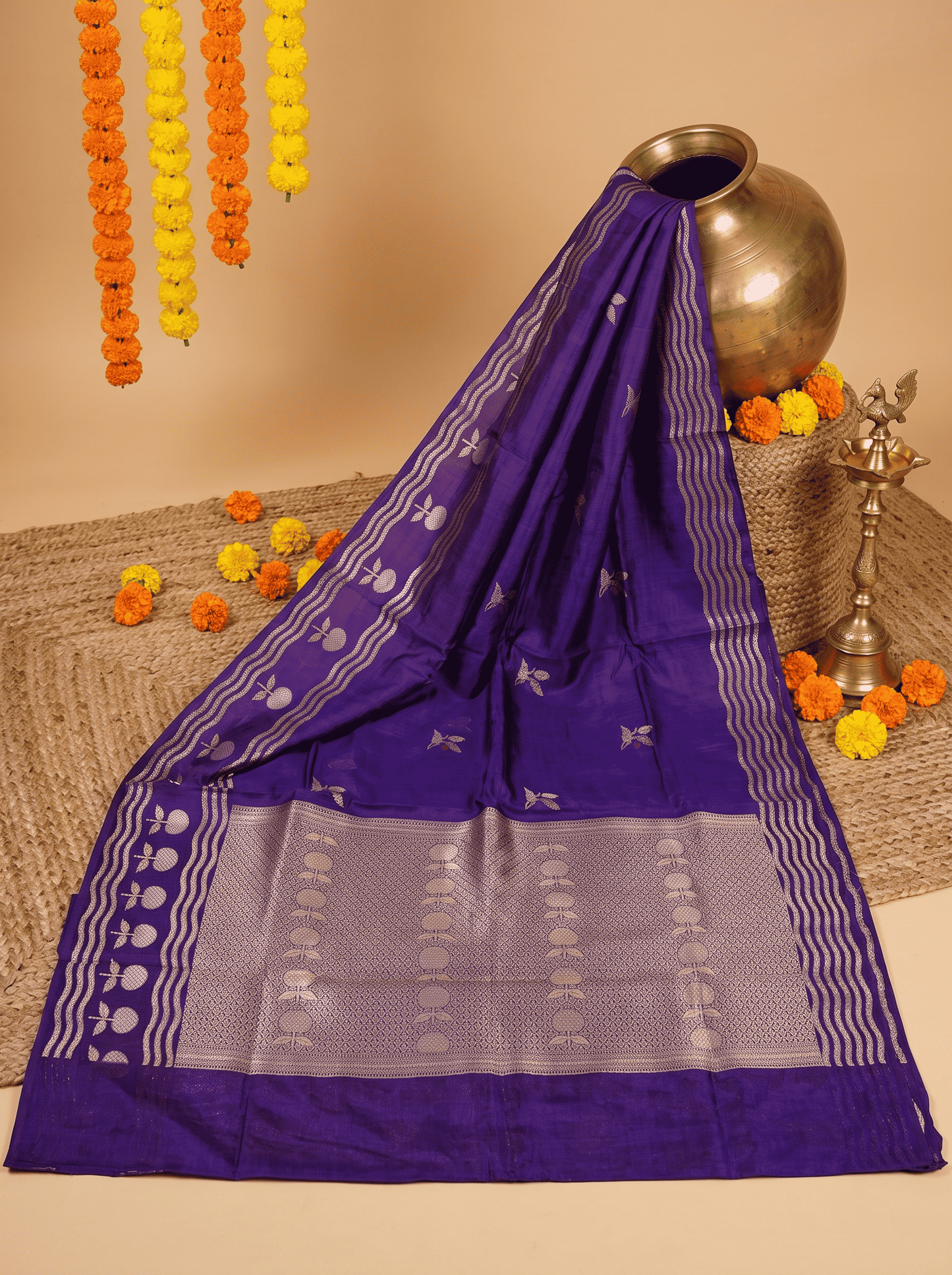 Vidyutprabha — Raw Mango Silk Saree in Deep Purple with Woven Floral Motifs