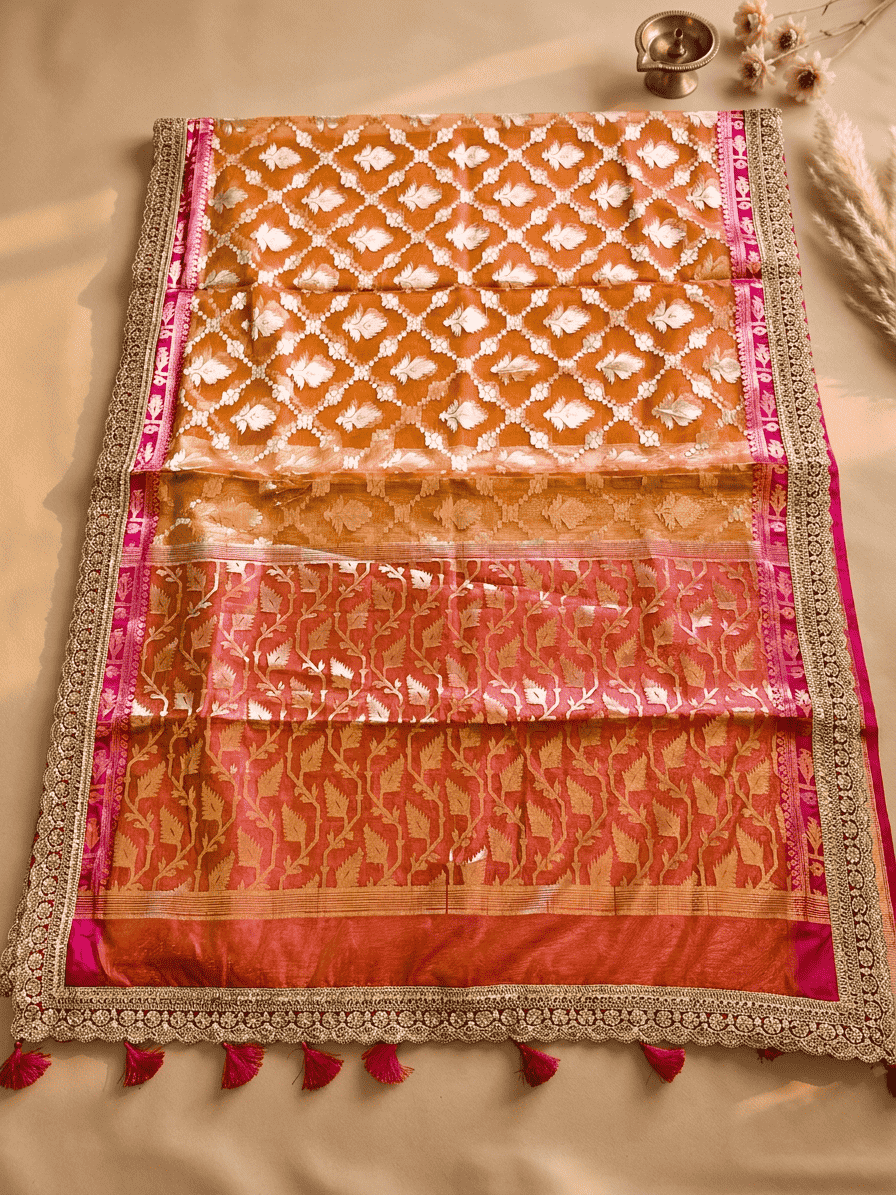 Suryamukhi — Bamboo Kora Saree in Mustard-Yellow to Pink with Scallop Lace Border
