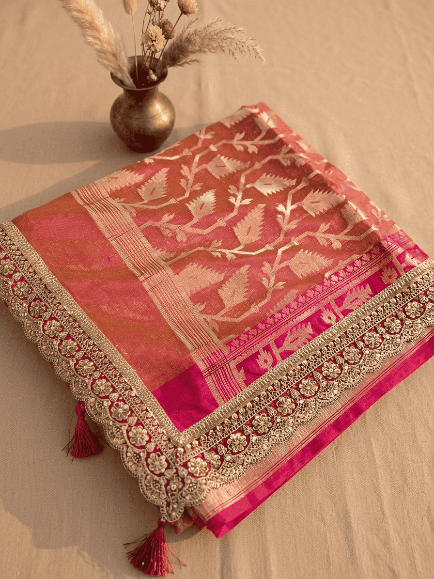 Suryamukhi — Bamboo Kora Saree in Mustard-Yellow to Pink with Scallop Lace Border