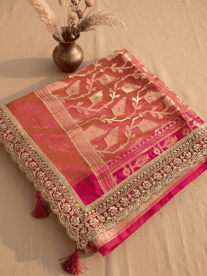 Suryamukhi — Bamboo Kora Saree in Mustard-Yellow to Pink with Scallop Lace Border
