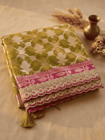 Ranjika — Bamboo Kora Saree in Olive-Green with Scallop Lace Border