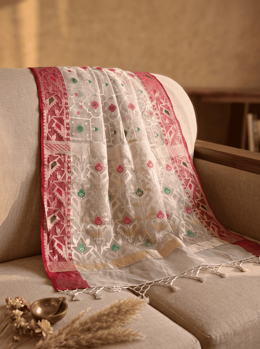 Shubranjali — Bamboo Kora Saree in White with Geometric Jaal Weave