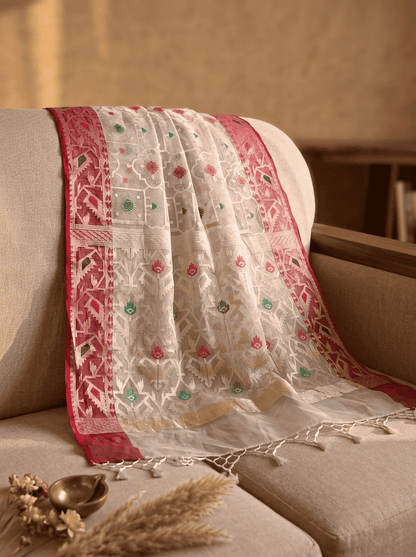 Shubranjali — Bamboo Kora Saree in White with Geometric Jaal Weave